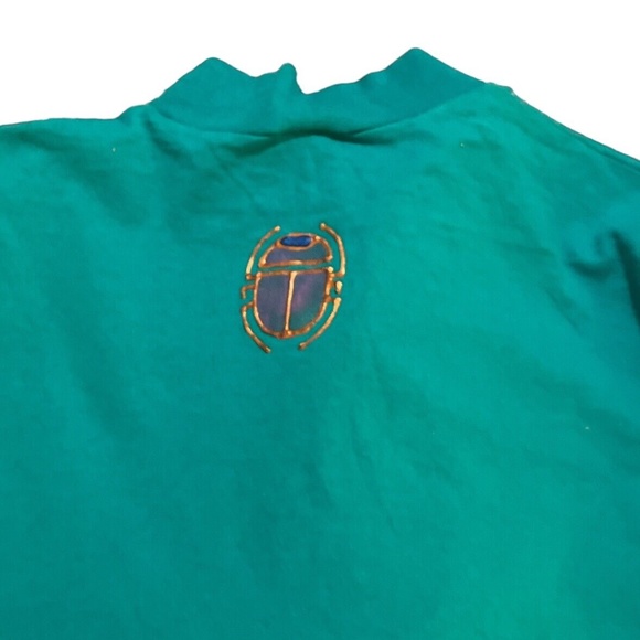 Vintage 90's Hand Painted Glitter Puff Paint Turquoise Mock Neck Longsleeve T - Picture 2 of 6